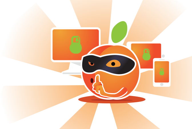 PeachVPN ninja peach with a laptop, phone and TV
